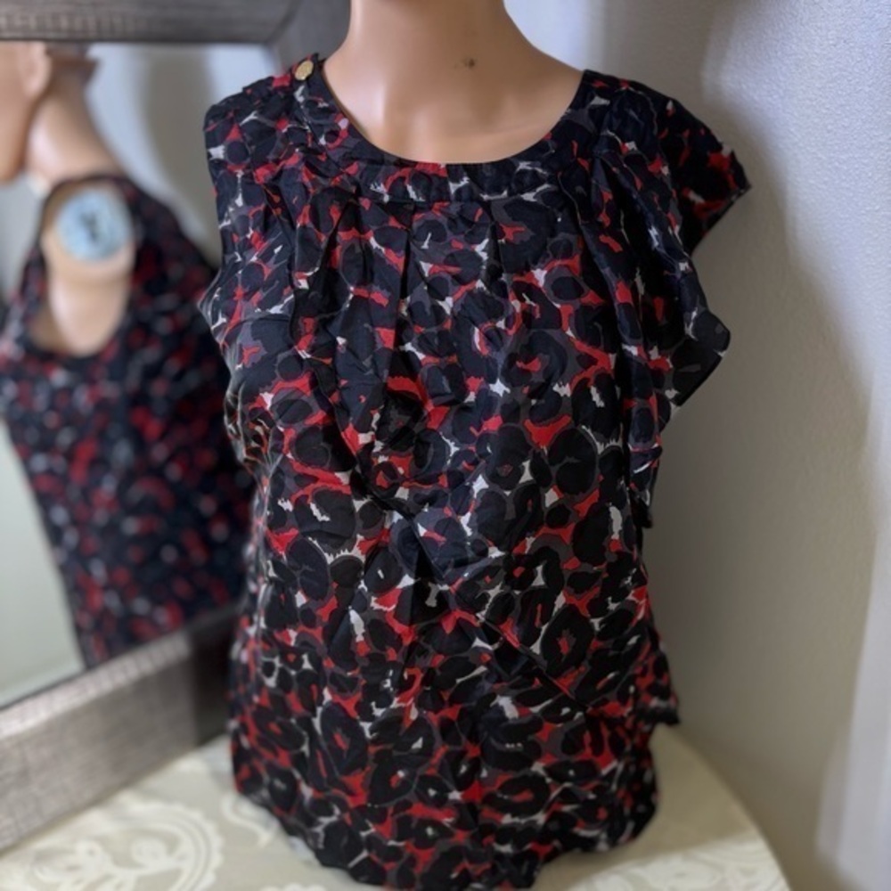 Michael Kors Black and Red Ruffled Cap Sleeve Blouse